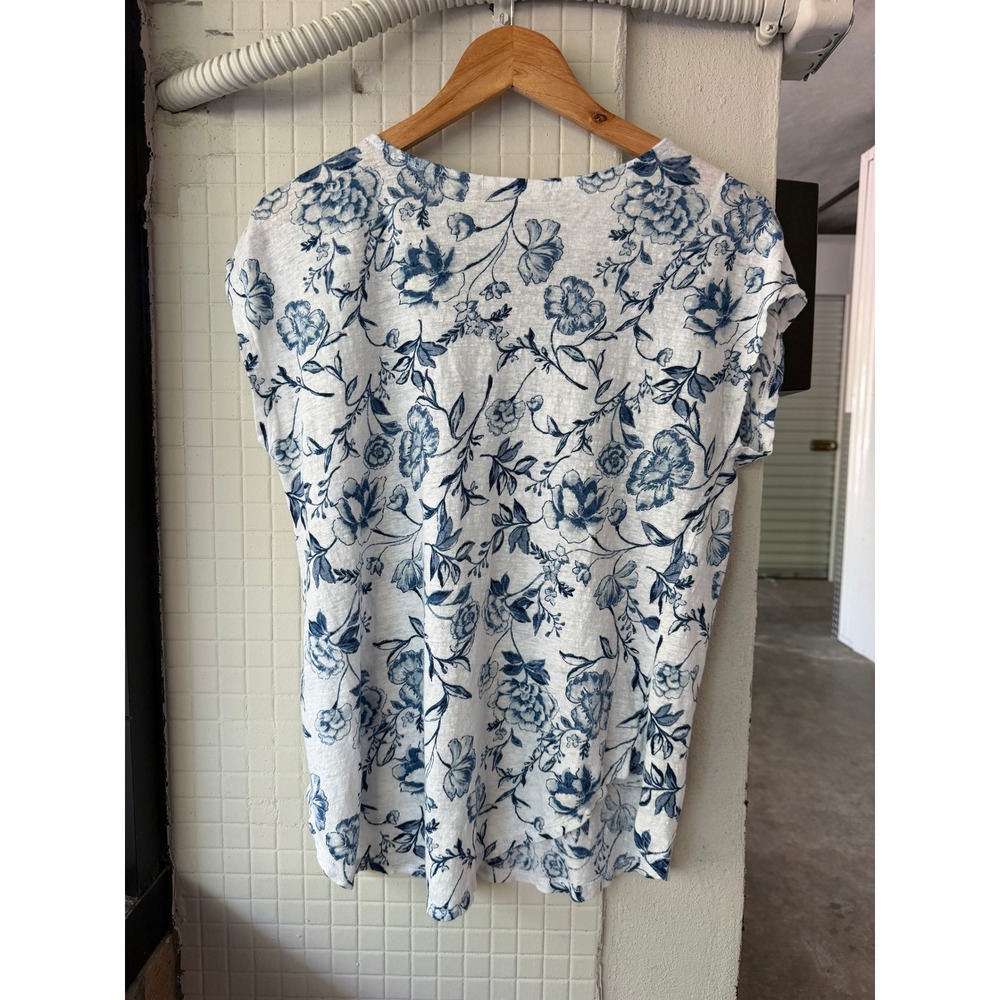 Cynthia Rowley 100% Linen Floral Blouse Large Blue White Cap Sleeve - Picture 5 of 8